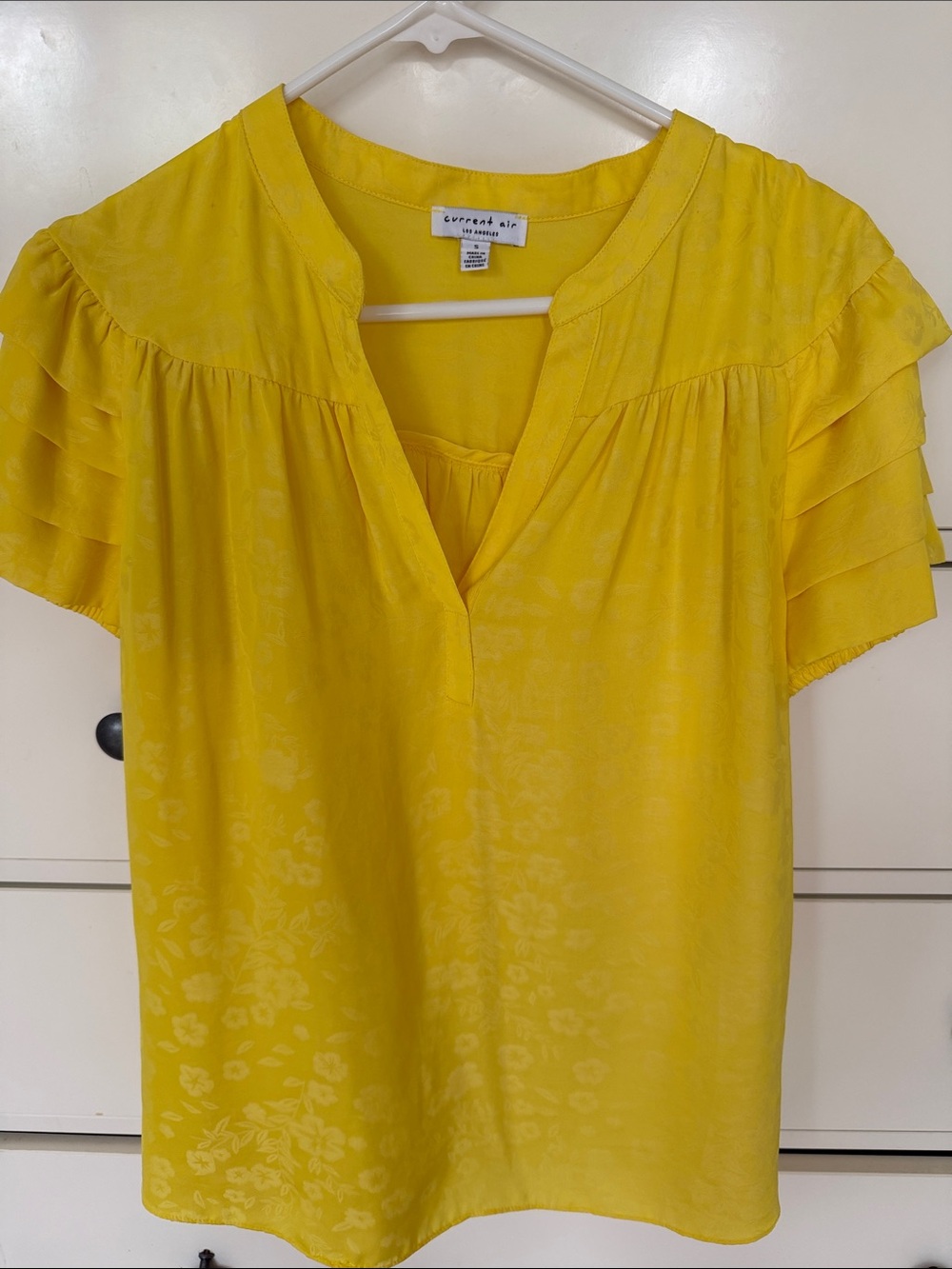 Current Air Yellow Flutter Sleeve Split-Neck Blouse
